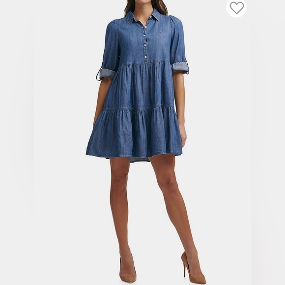 Tommy Hilfiger. Tiered Chambray Popover Shirt Dress - Picture 1 of 6